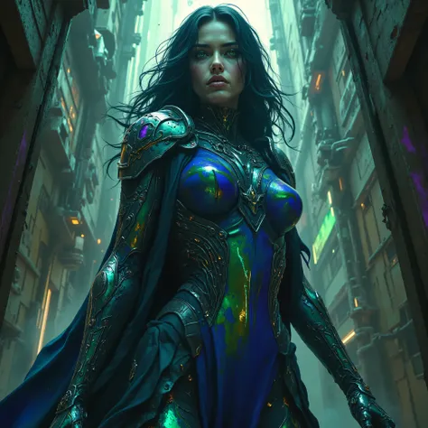 (A stunning tall woman is posing like a fashion model:1.5), (She is an anti-hero wearing intricated desighned vivid Indigo blue and iridescent green and dark gray uniform:1.7), echanical biomorphism, horror art, intricate details, maximalist perfect illust...