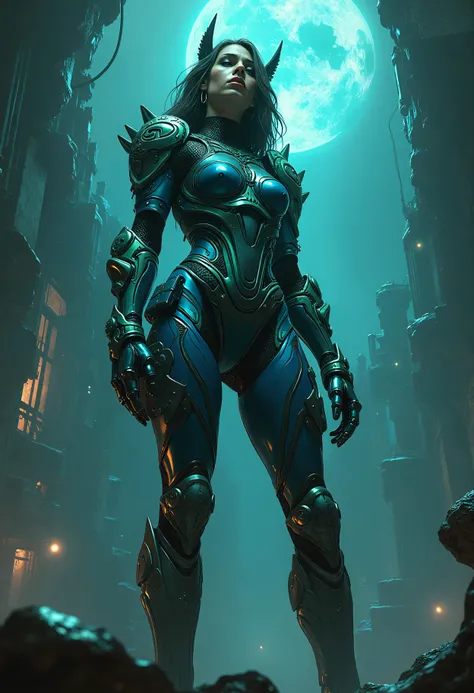 (A stunning tall woman is posing like a fashion model:1.5), (She is an anti-hero wearing intricated desighned vivid Indigo blue and iridescent green and dark gray uniform:1.7), echanical biomorphism, horror art, intricate details, maximalist perfect illust...