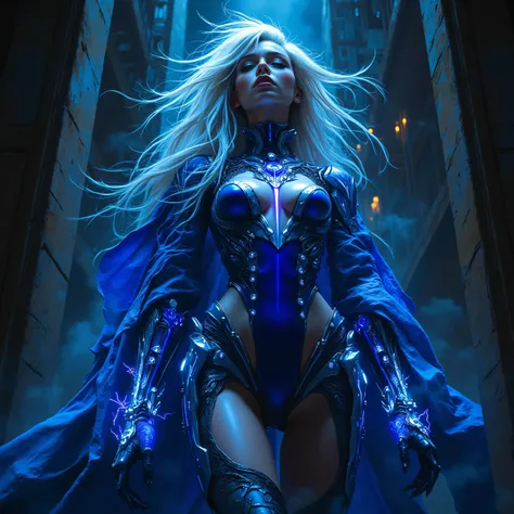 (A stunning tall woman is posing like a fashion model:1.5), (She is an anti-hero wearing intricated desighned vivid Indigo blue and iridescent white and dark gray uniform:1.7), echanical biomorphism, horror art, intricate details, maximalist perfect illust...