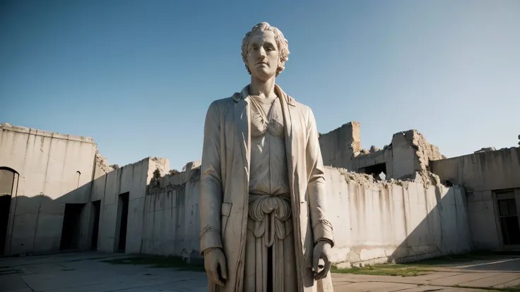 /imagine prompt: a full-length white marble statue of Aristotle, with an upright posture and a serious expression, historical ruins in the background and dramatic lighting, light gray background --v 5 --stylize 1000