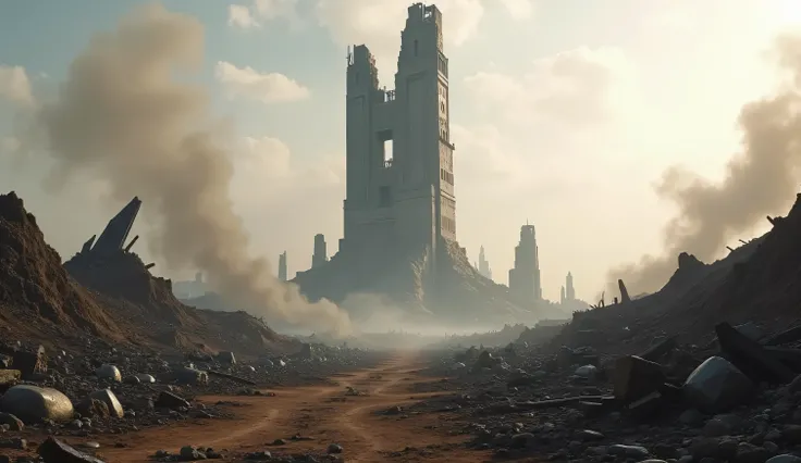 Highly detailed In the background, a desolate battlefield scene with debris, Destroyed Avengers tower in background.