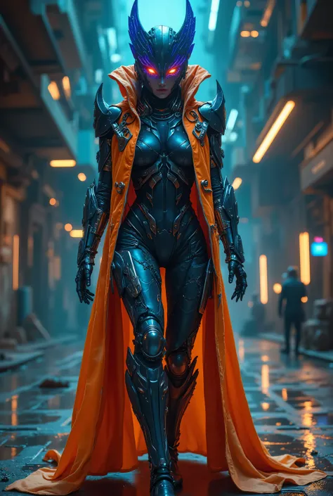 (A stunning tall woman is posing like a fashion model:1.5), (She is an anti-hero wearing intricated desighned vivid Indigo blue and iridescent orange and dark gray uniform:1.7), echanical biomorphism, horror art, intricate details, maximalist perfect illus...