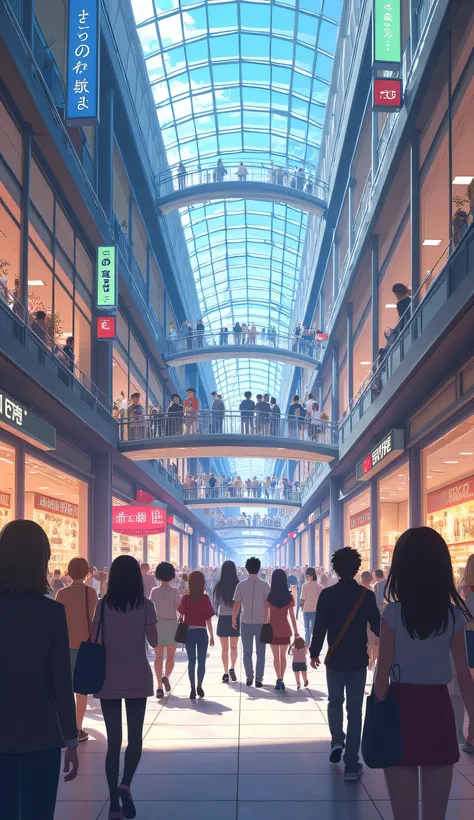 Large anime modern shopping centre with lots of people in the background shopping 