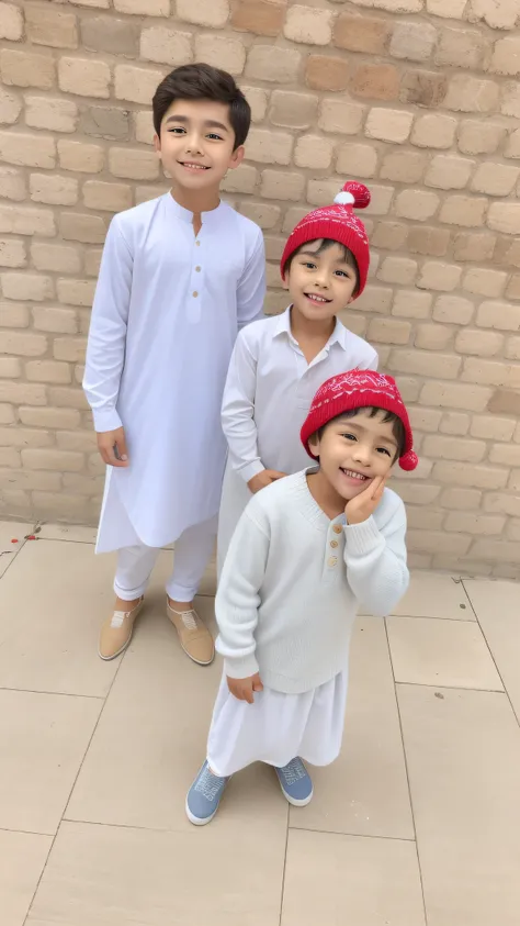 three ren standing in front of a brick wall with a hat on, by Riza Abbasi, cute boys, taken on iphone 1 3 pro, wearing traditional garb, beautiful faces, a picture, taken on iphone 14 pro, shot on iphone 1 3 pro, small and sharp pupils, wearing authentic a...