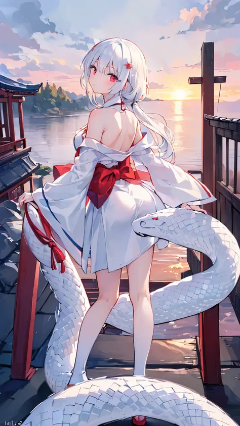 ((masterpiece)), (( top quality )), (( high resolution)), (( very detailed CG integration 8k wallpaper )), (( First Sunrise, first visit of the year to a shrine:1.3)), ((Girl cartoon character ,  girl like a white snake, White Hair,  Crimson Eyes Like a Je...