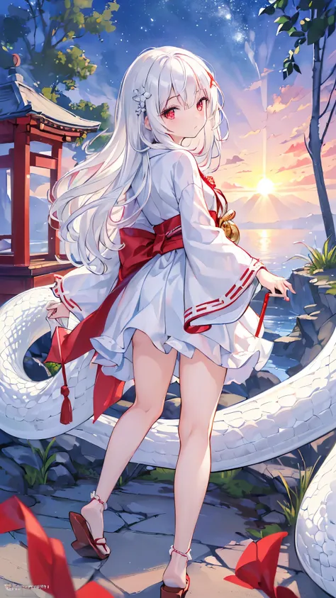 ((masterpiece)), (( top quality )), (( high resolution)), (( very detailed CG integration 8k wallpaper )), (( First Sunrise, first visit of the year to a shrine:1.3)), ((Girl cartoon character ,  girl like a white snake, White Hair,  Crimson Eyes Like a Je...