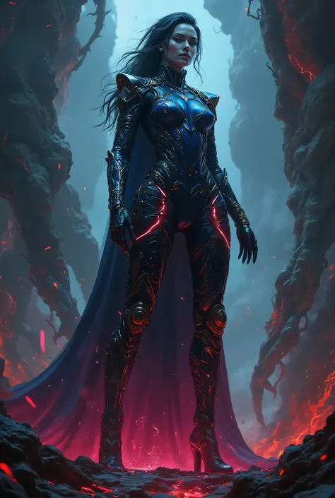 (A stunning tall woman is posing like a fashion model:1.5), (She is an anti-hero wearing intricated desighned vivid blue and iridescent red and dark gray uniform:1.7), echanical biomorphism, horror art, intricate details, maximalist perfect illustration, d...