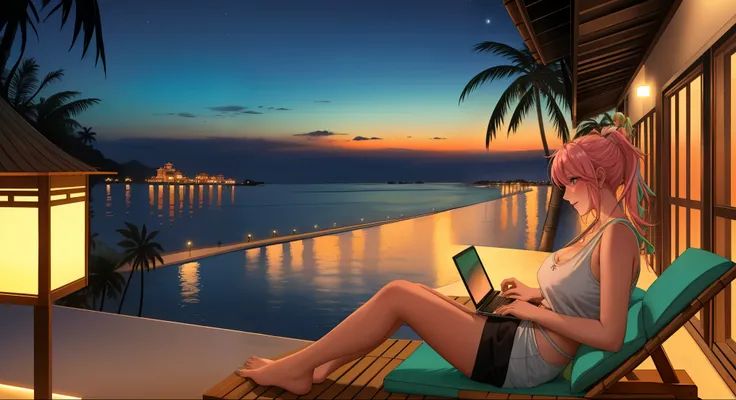 "A woman med boobs with pastel green and pink hair tied in a ponytail sits barefoot on a bamboo chair on a rooftop balcony overlooking a tropical island. She is dressed in a black tank top and loose beach shorts, typing on her laptop. A cup of coffee sits ...