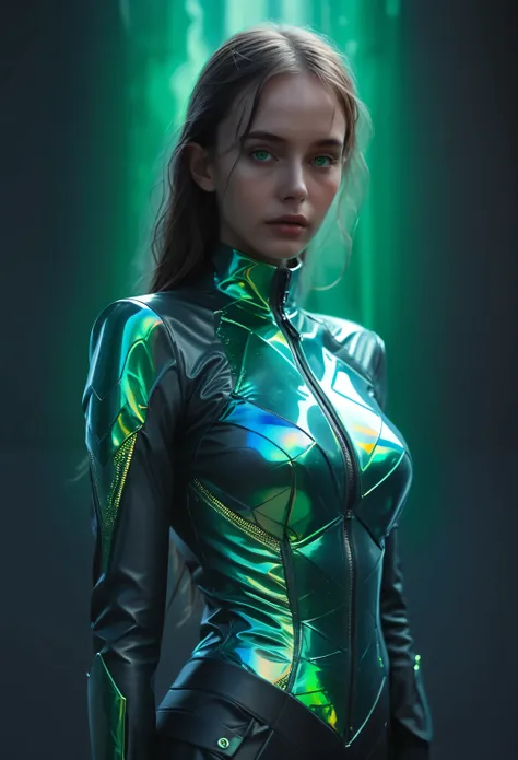 (A stunning tall woman is posing like a fashion model:1.5), Dynamic Angle, (She is an anti-hero wearing intricated desighned vivid green and iridescent green and dark gray uniform:1.7), echanical biomorphism, horror art, intricate details, maximalist perfe...