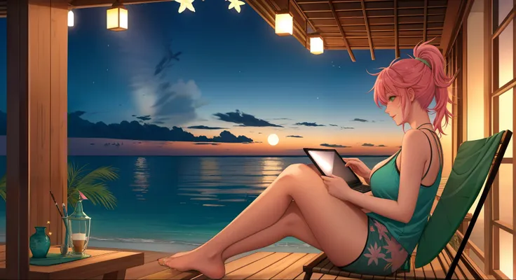 "A woman med boobs with pastel green and pink hair tied in a ponytail sits barefoot on a bamboo chair on a rooftop balcony overlooking a tropical island. She is dressed in a black tank top and loose beach shorts, typing on her laptop. A cup of coffee sits ...