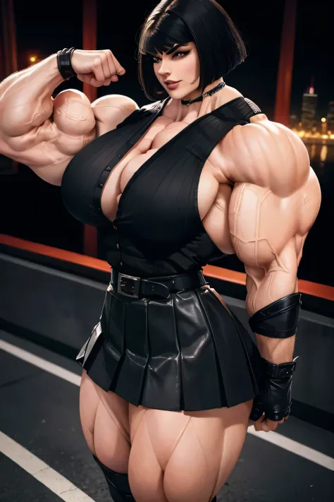 ((Close-up)), tall, (jet black hair) beautiful muscular woman, angled bob cut, pale skinned, closed smile, (large breast), (black lipstick), (massive muscles), (hyper muscle), (((ginormous bulky muscles))), crimson eyes, ((((sleeveless formal shirt)))), ((...