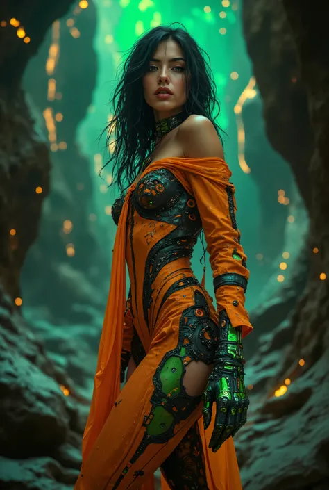 (A stunning tall woman is posing like a sensual fashion model:1.5), (She is an anti-hero wearing intricated desighned vivid otange and iridescent green and dark gray uniform:1.7), echanical biomorphism, horror art, intricate details, maximalist perfect ill...