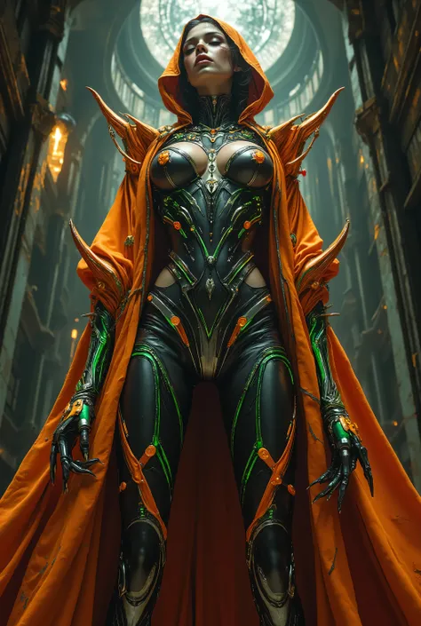 (A stunning tall woman is posing like a sensual fashion model:1.5), (She is an anti-hero wearing intricated desighned vivid otange and iridescent green and dark gray uniform:1.7), echanical biomorphism, horror art, intricate details, maximalist perfect ill...