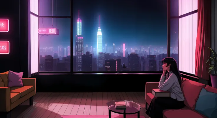 "A woman sits by the window, A cozy anime-style room at dusk, featuring a retro-futuristic cityscape as the backdrop seen through a large window, gazing out at the glowing city filled with neon lights, skyscrapers, and a stunning gradient sunset sky. The r...