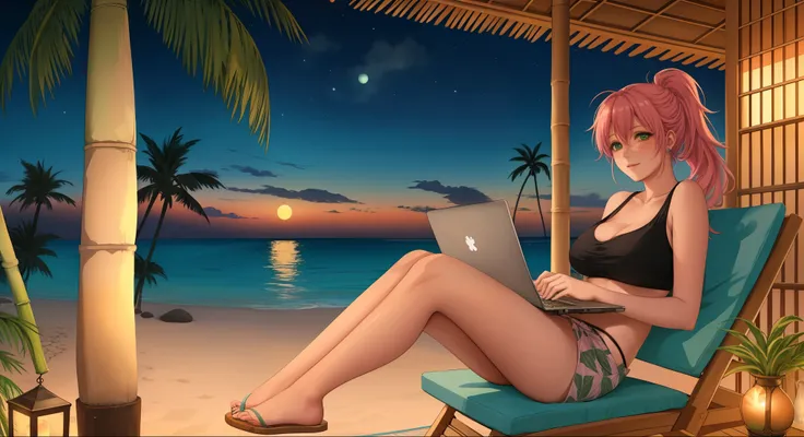 "A woman med boobs with pastel green and pink hair tied in a ponytail sits barefoot on a bamboo chair on a rooftop balcony overlooking a tropical island. She is dressed in a black tank top and loose beach shorts, typing on her laptop. A cup of coffee sits ...