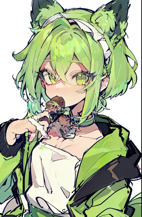 A green fairy is depicted in the water , wearing a green coat and a green headband, 1 girl, Alone, green hair, green eyes, animal ears, cola, blush, looking at the spectator, video