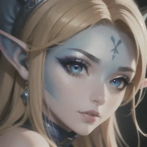 there is a close up of a woman with blue makeup and a pair of ears, elf with blue skin, beautiful avatar pictures, hyperdetailed fantasy character, detailed big eyes, blue elf, detailed fantasy digital art, great digital art with details, she has elf ears ...