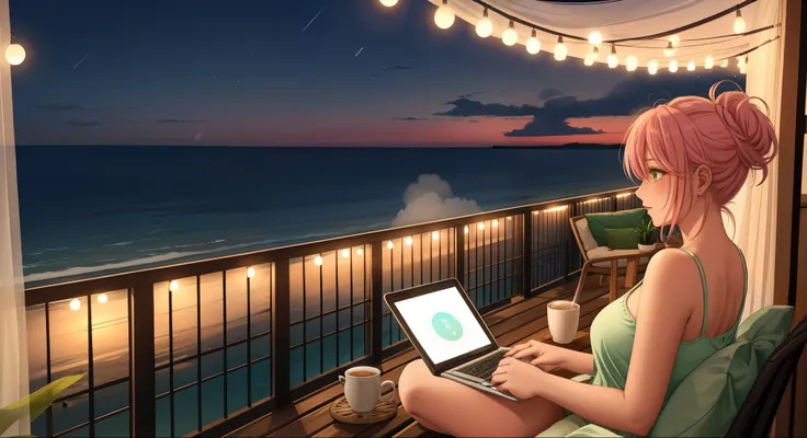 "A woman with pastel green and pink hair styled in a messy bun sits on a wicker chair on a seaside rooftop terrace. She wears a black tank top and soft pajama shorts, her laptop balanced on her lap as she sips from a steaming cup of coffee. The sound of ge...