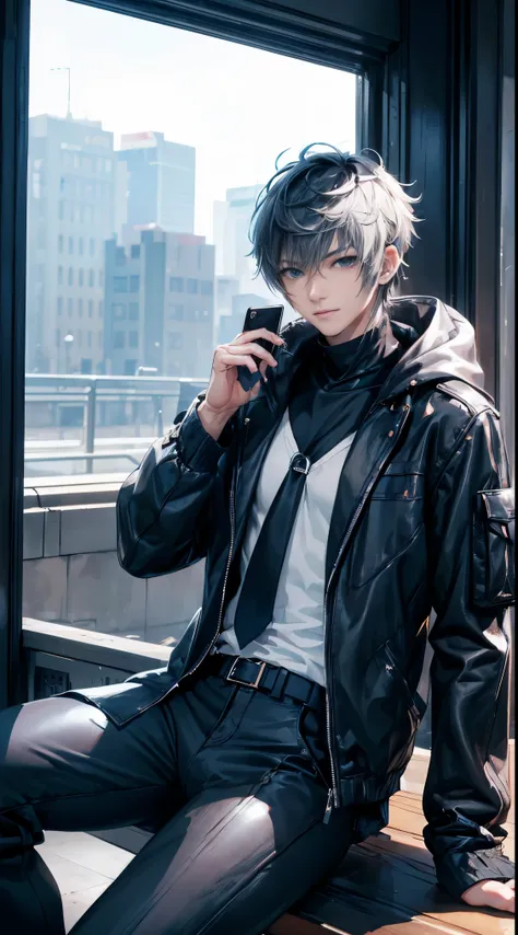 ((4K works))、​masterpiece、（top-quality)、((high-level image quality))、((One Manly Boy))、Slim body、((Attractive and sexy fashion))、((Mens Fashion))、((Holding a backpack and iPhone in hand))、(Detailed beautiful eyes)、In a fashionable city、Sitting on the curb ...