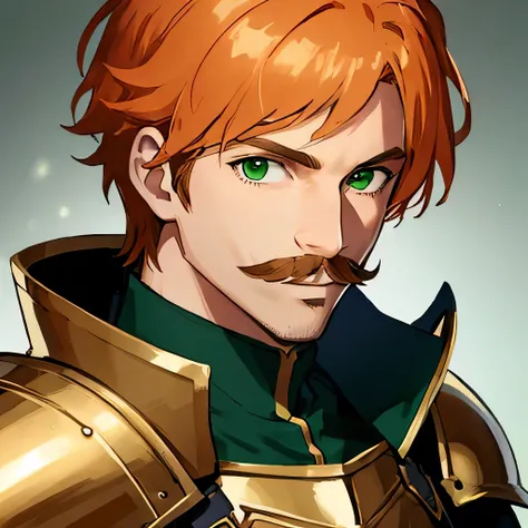 Orange hair colour, short hair, green eyed, male fantasy guardian knight, wearing green and bronze coloured armour, Orange coloured stylish moustache, Solo, Portrait