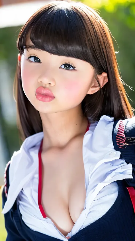 super real 、 super high image quality、 super detailed 、 realistic、Actual photo、 portrait photos that are infinitely close to reality 、(( elementary school girl、、 super huge tits、petite and short、Small face、小柄な身体に不釣り合いな異常なほどの super huge tits、 wearing schoo...