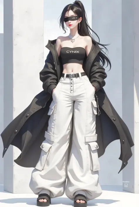 [anime 3D] A stylish young woman with a futuristic and modern aesthetic. She wears a black crop-top with the text CYNIX as a logo, paired with wide-leg white cargo pants featuring detailed pockets and a decorative belt. Over her outfit, a long black jacket...