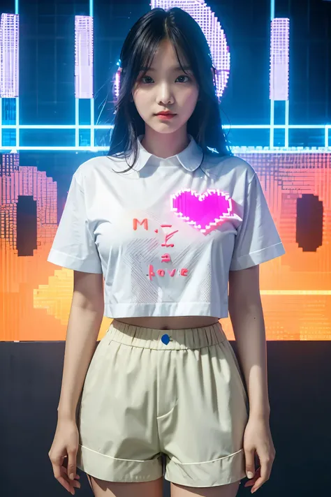 Floating on a digital cloud, a busty woman, clad in shirt and shorts, received a love letter encoded with heart patterns of glowing pixels from her lover, neon pop art, romanticism