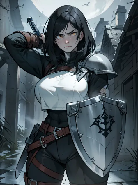 (shield & sword) (shield & sword) (shield & sword) black hair yellow eyes pale skin ample bosom huge muscles sad frown empty eyes dark atmosphere