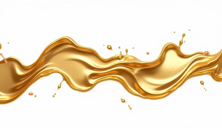 A luxurious depiction of golden fluid splashes and flows on a stark white background, radiating opulence. The fluid has a metallic, reflective surface, with shimmering highlights and fine details capturing its movement. The 4K resolution enhances the richn...