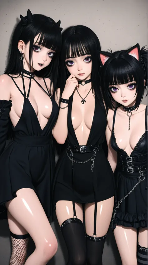 random hot and busty japanese girls, nekos, goth, plunging neckline, shiny skin, 