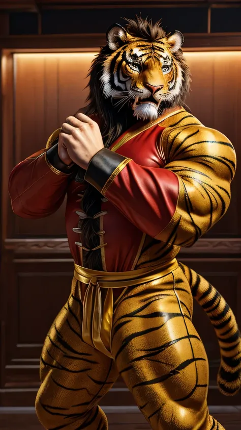 A feline-looking man, he looks like a tiger. Red cat eyes. He has fangs. A challenging look. His skin is hairy like a lion. He has tiger marks on his skin. He wears a torn kung fu suit, with a gold ribbon.