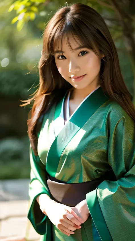 Dark green kimono、 long hair、front