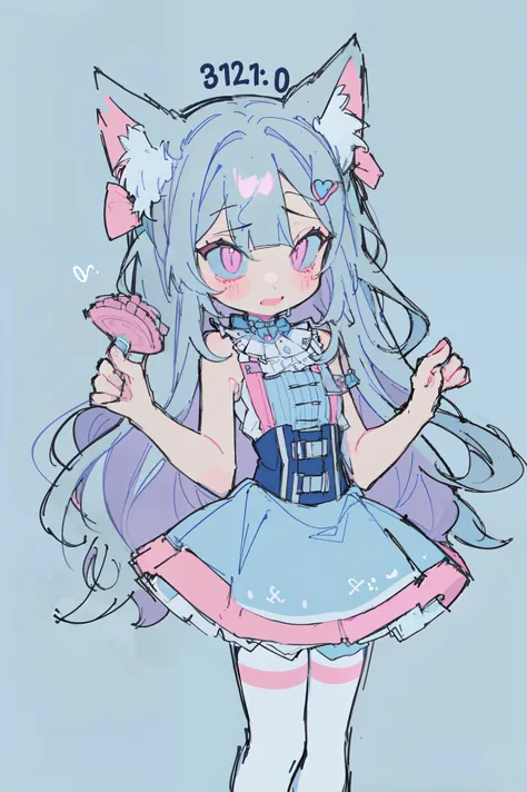 One Girl、（Light blue and pink 1:1）、cute little、Long、Wavy hair、​masterpiece、Top image quality、top-quality、witch outfit、witchs hat、A dark-haired、Very long hair，fox ears，white hair，(white pantyhose)