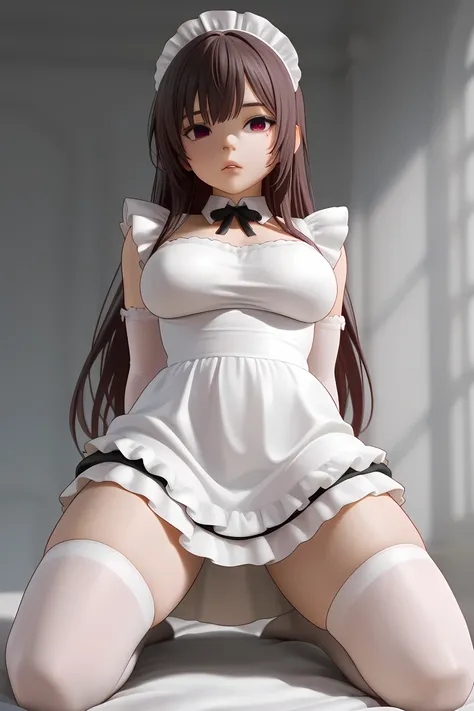  A girl,  medium breasts, Japanese smelly eyes, fringe,  hands behind her back,  elbow length gloves,  knee-high socks, Realistic lights,  detailed eyes ,  Athletic body, Wearing a short white maid dress,  big boobs,  long hair,  thick legs , short woman ,...