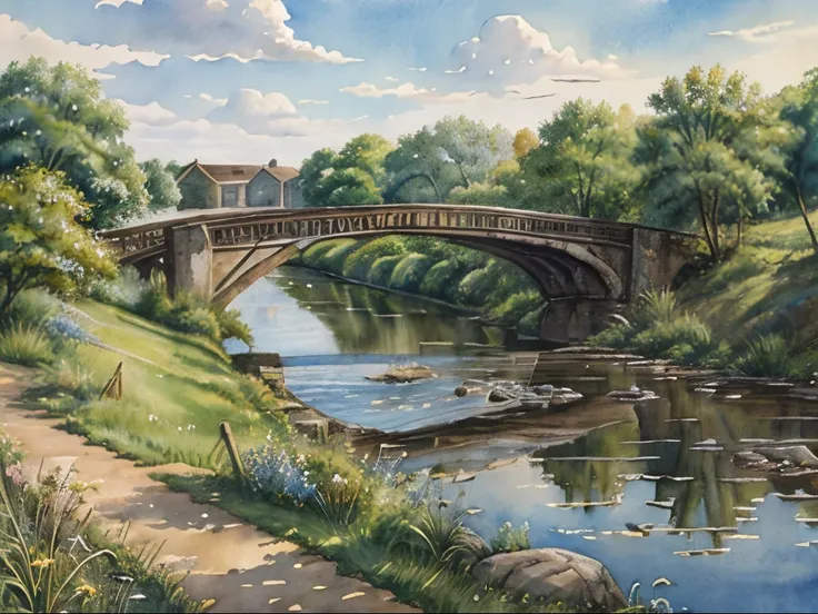 (Painting watercolor) old house, river, bridge, grass, trees, un saule, un érable, rocks, Ciel bleu