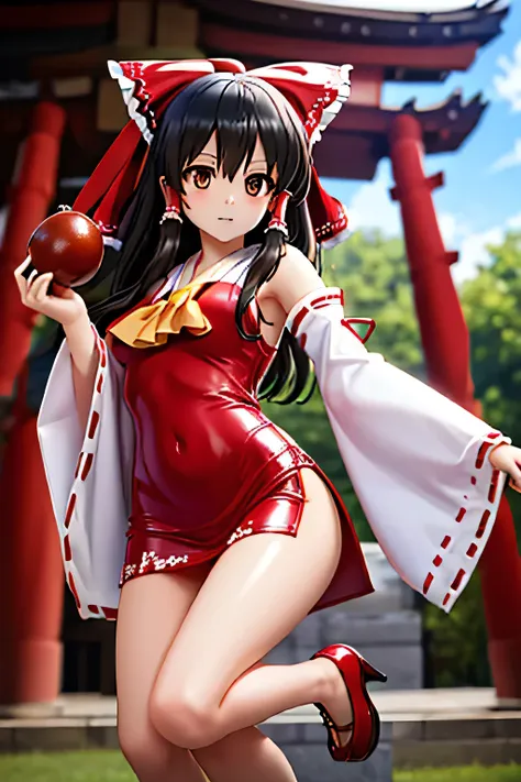  perfect anatomy　 top quality , Highest Resolution ,(((white and red latex shrine maiden dress with metallic luster　 brown eyes　Black Hair)))　 detachable sleeves 　Reimu Hakurei　[blurry]　16k