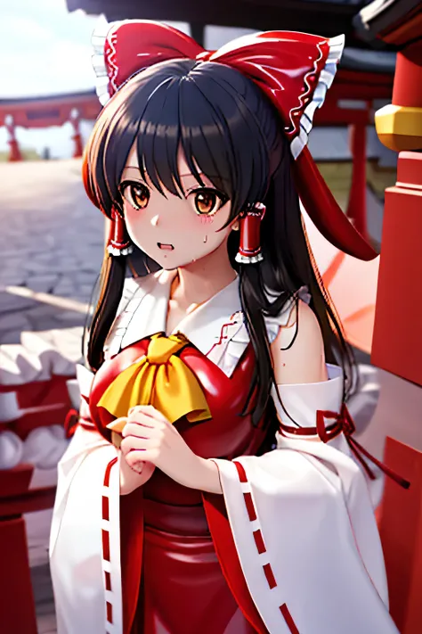  perfect anatomy　 top quality , Highest Resolution ,(((white and red latex shrine maiden dress with metallic luster　 brown eyes　Black Hair　sweat)))　 detachable sleeves 　Reimu Hakurei　[blurry]　16k