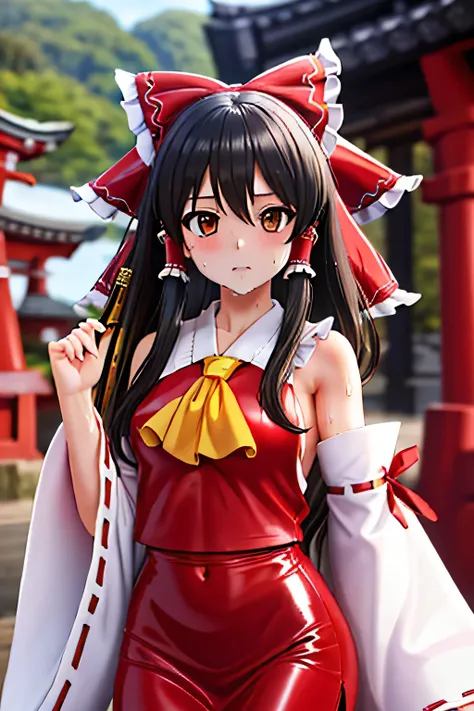  perfect anatomy　 top quality , Highest Resolution ,(((white and red latex shrine maiden dress with metallic luster　 brown eyes　Black Hair　sweat)))　 detachable sleeves 　Reimu Hakurei　[blurry]　16k