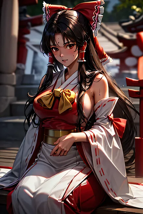  perfect anatomy　 top quality , Highest Resolution ,(((white and red latex shrine maiden dress with metallic luster　 brown eyes　Black Hair　sweat)))　 detachable sleeves 　Reimu Hakurei　[blurry]　16k