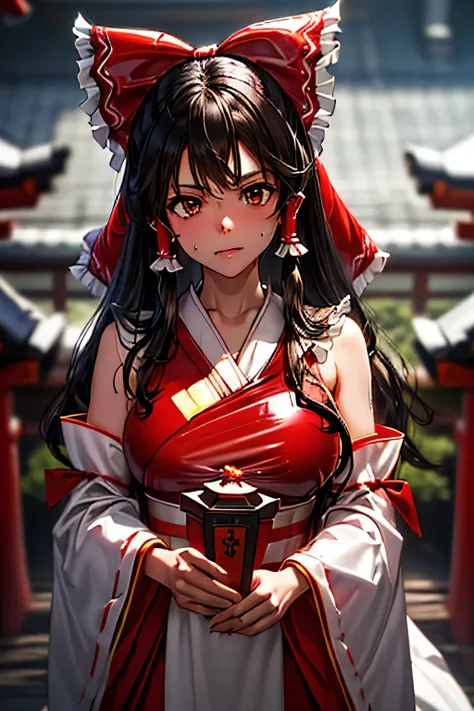  perfect anatomy　 top quality , Highest Resolution ,(((white and red latex shrine maiden dress with metallic luster　 brown eyes　Black Hair　 shiny white skin 　sweat)))　 detachable sleeves 　Reimu Hakurei　[blurry]　16k