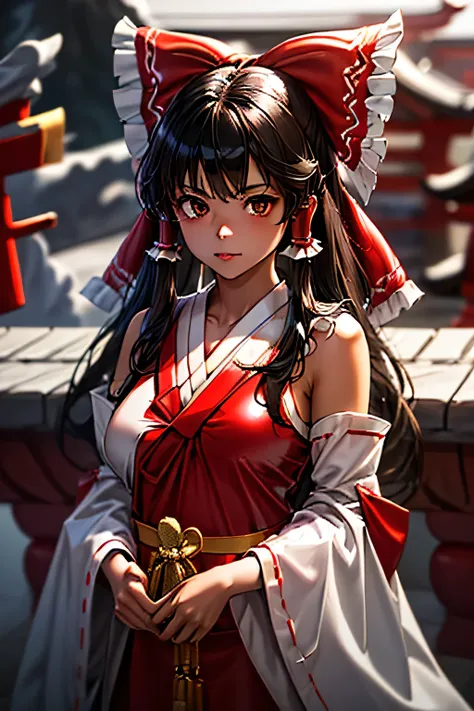  perfect anatomy　 top quality , Highest Resolution ,(((white and red latex shrine maiden dress with metallic luster　 brown eyes　Black Hair　 shiny white skin )))　 detachable sleeves 　Reimu Hakurei　[blurry]　16k