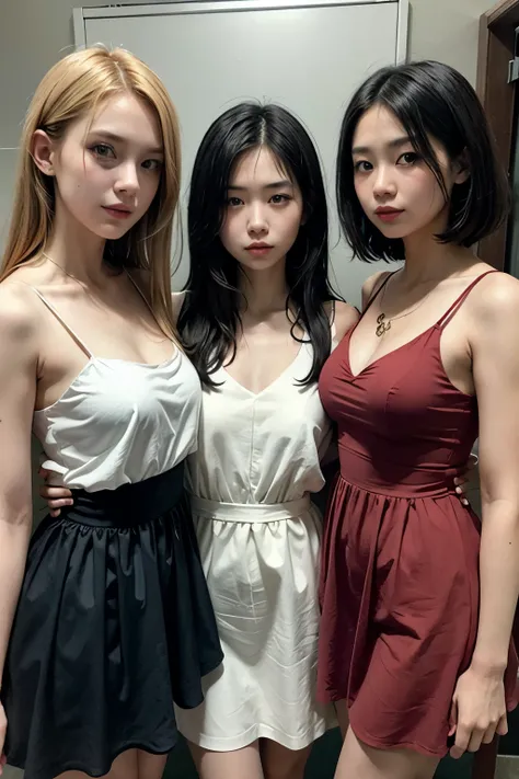 Three women, Two blackhaired, a blonde, dresses, one red, one white, one black.