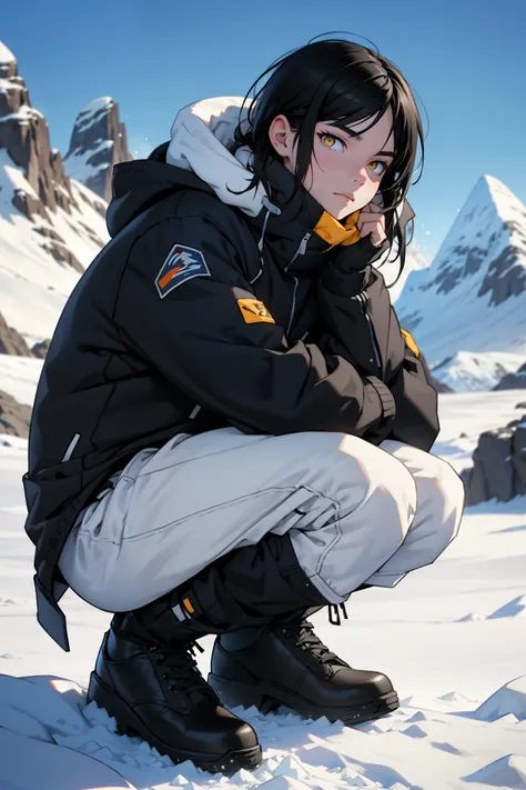 Antarctica snow mountains penguins winter clothes solo black hair yellow eyes pale skin squatting cold