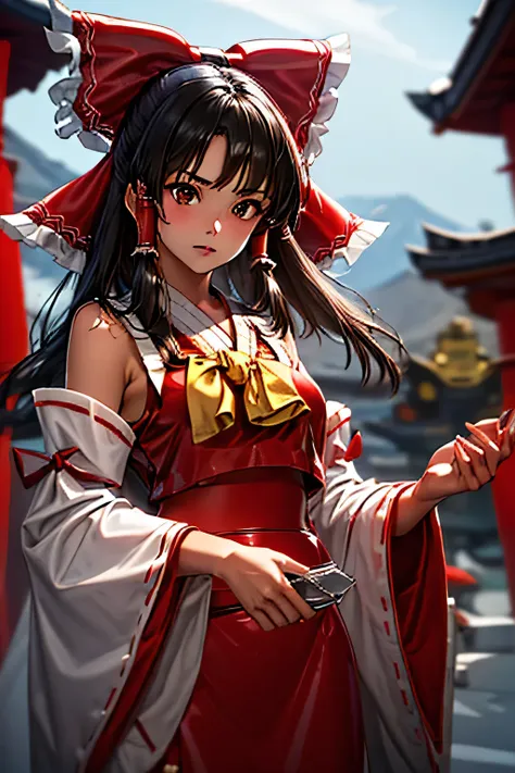  perfect anatomy　 top quality , Highest Resolution ,(((white and red latex shrine maiden dress with metallic luster　 brown eyes　Black Hair　 Shiny Skin)))　 detachable sleeves 　Reimu Hakurei　[blurry]　16k