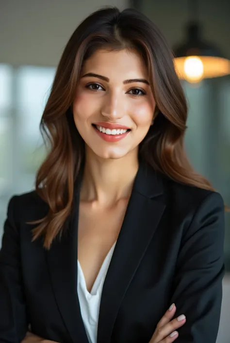 Professional profile for LinkedIn with professional background and black suit with genuine smile no full body no deep neck just a girl in office with smile with crop face in brown hair