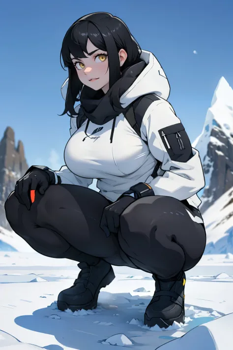 Antarctica snow mountains penguins solo black hair yellow eyes pale skin squatting cold happy girl large breasts