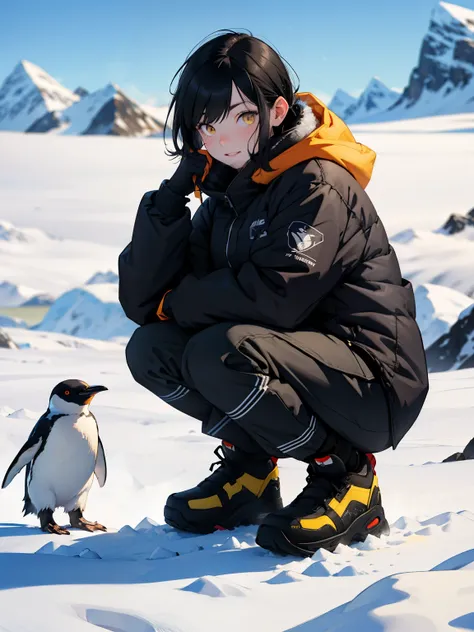 Antarctica snow mountains penguins winter clothes solo black hair yellow eyes pale skin squatting cold happy girl