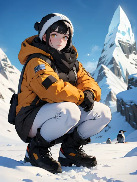 Antarctica snow mountains penguins winter clothes solo black hair yellow eyes pale skin squatting cold happy girl