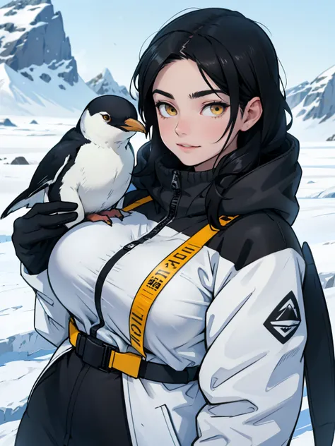 Antarctica snow mountains penguins winter clothes solo black hair yellow eyes pale skin cold happy girl large breasts