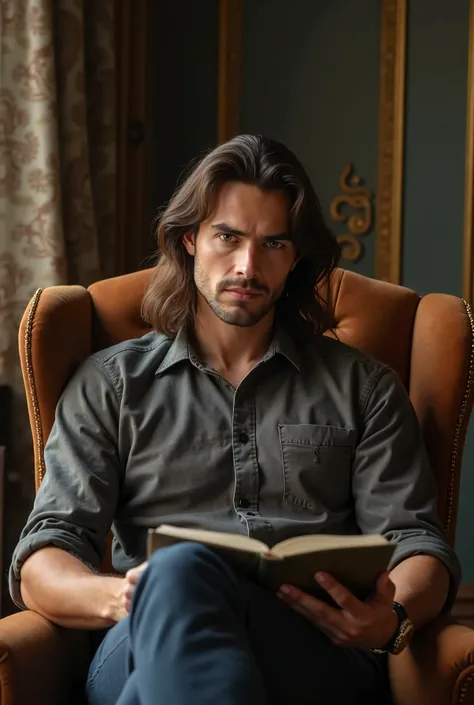 40 year old boy fit long hair smart face and background is room chair and setting 